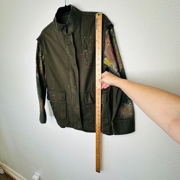 Zara Army Green Grafitti New York Jungle Oversize Zip Utility Jacket 100% Cotton - Picture 15 of 16